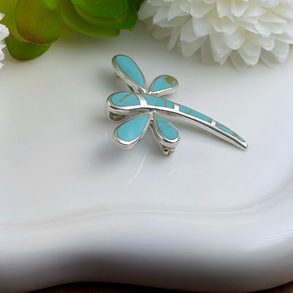Dragonfly Butterfly Vintage Pendant Brooch Sterling Silver 925 Turquoise Inlay - Picture 6 of 10